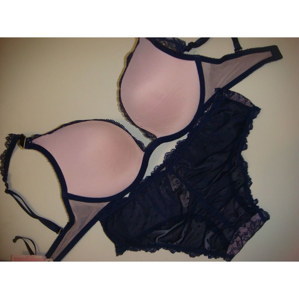 Victoria's Secret 32D BRA SET panty NAVY BLUE gold crystallized ANGEL FANTASIES